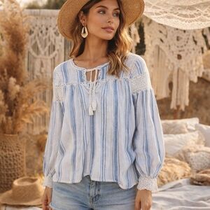 LoveShackFancy Blue White Striped 100% Cotton Boho Peasant Top Lace Tassel As Is